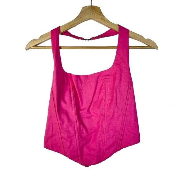 NIA Mia Hot Pink Linen Square Halter Corset Crop Top M - Picture 3 of 6